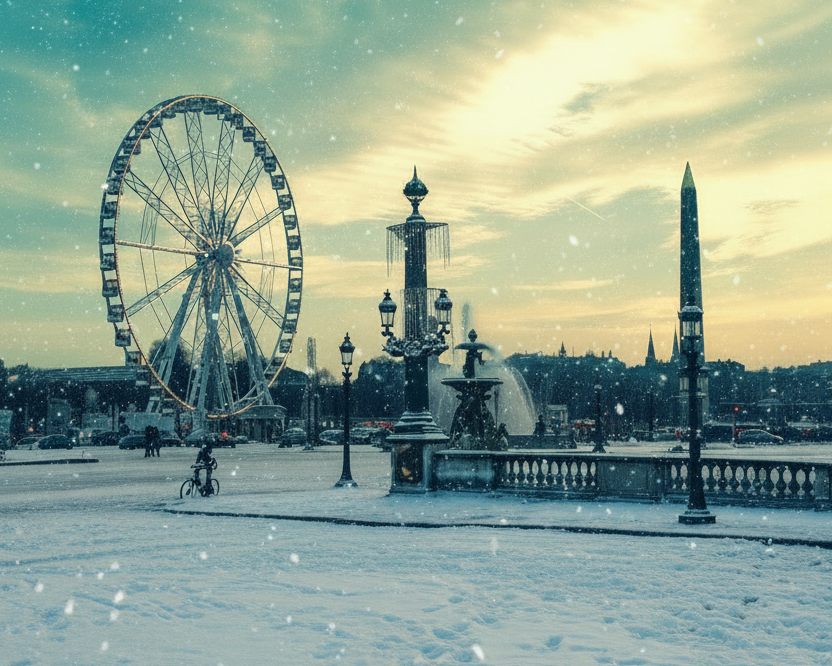 Ferris wheel and cityscape in a snowy park with a blue sky.